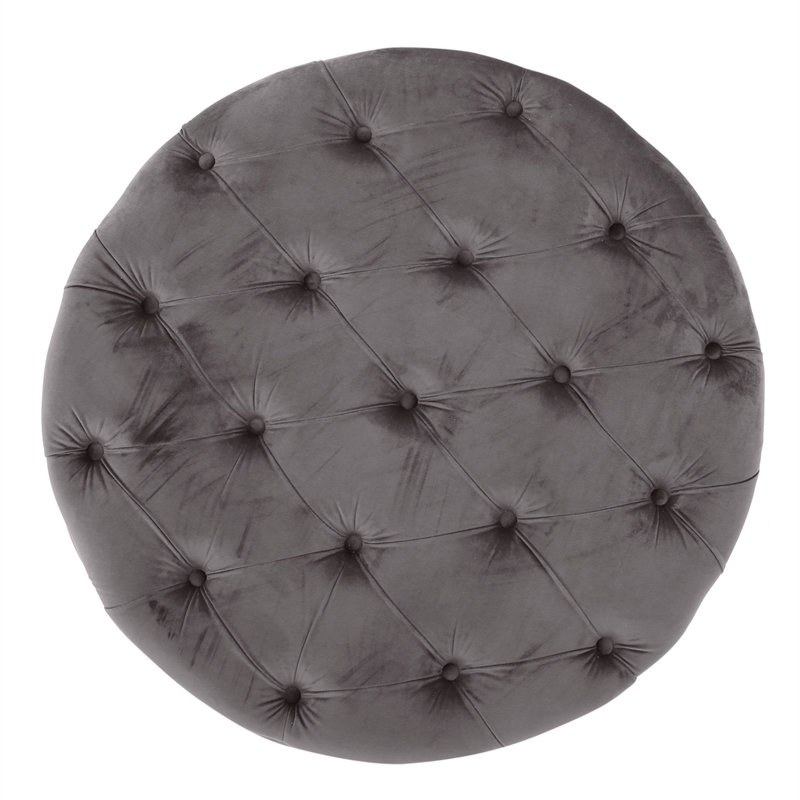 Benjara Keja Ottoman- Tufted Dark Gray Velvet- Soft Cushioning- Round 30 Inch