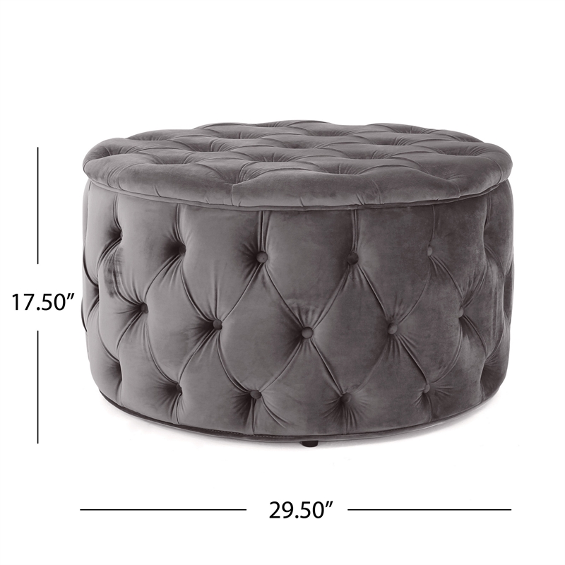 Benjara Keja Ottoman- Tufted Dark Gray Velvet- Soft Cushioning- Round 30 Inch