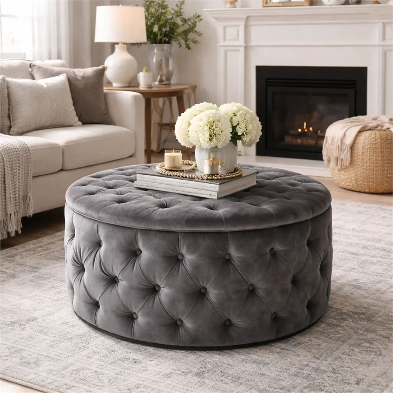 Benjara Keja Ottoman- Tufted Dark Gray Velvet- Soft Cushioning- Round 30 Inch