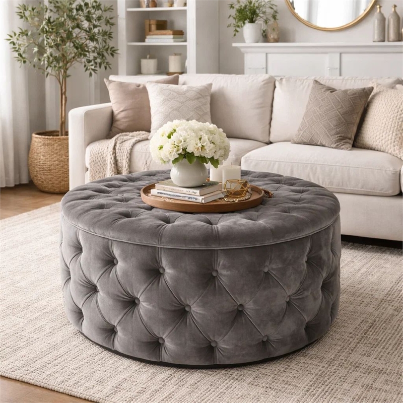 Benjara Keja Ottoman- Tufted Dark Gray Velvet- Soft Cushioning- Round 30 Inch