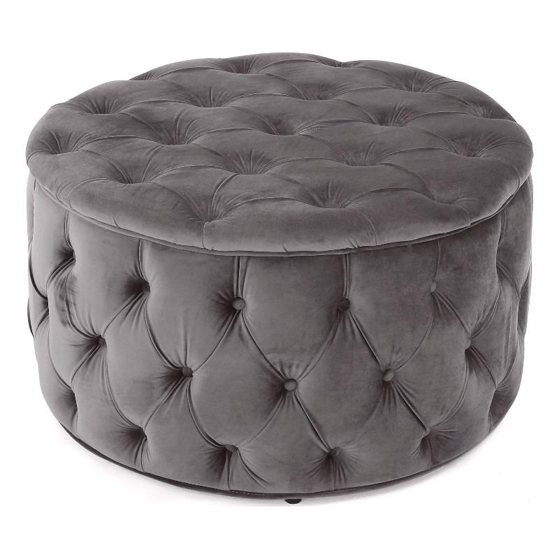 Benjara Keja Ottoman- Tufted Dark Gray Velvet- Soft Cushioning- Round 30 Inch