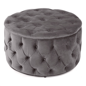 Benjara Keja Ottoman- Tufted Dark Gray Velvet- Soft Cushioning- Round 30 Inch