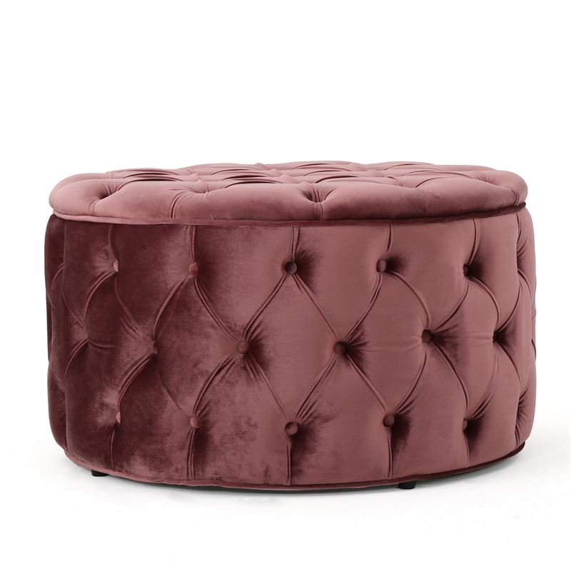 Benjara Keja Ottoman- Tufted Blush Pink Velvet- Soft Cushioning- Round 30 Inch