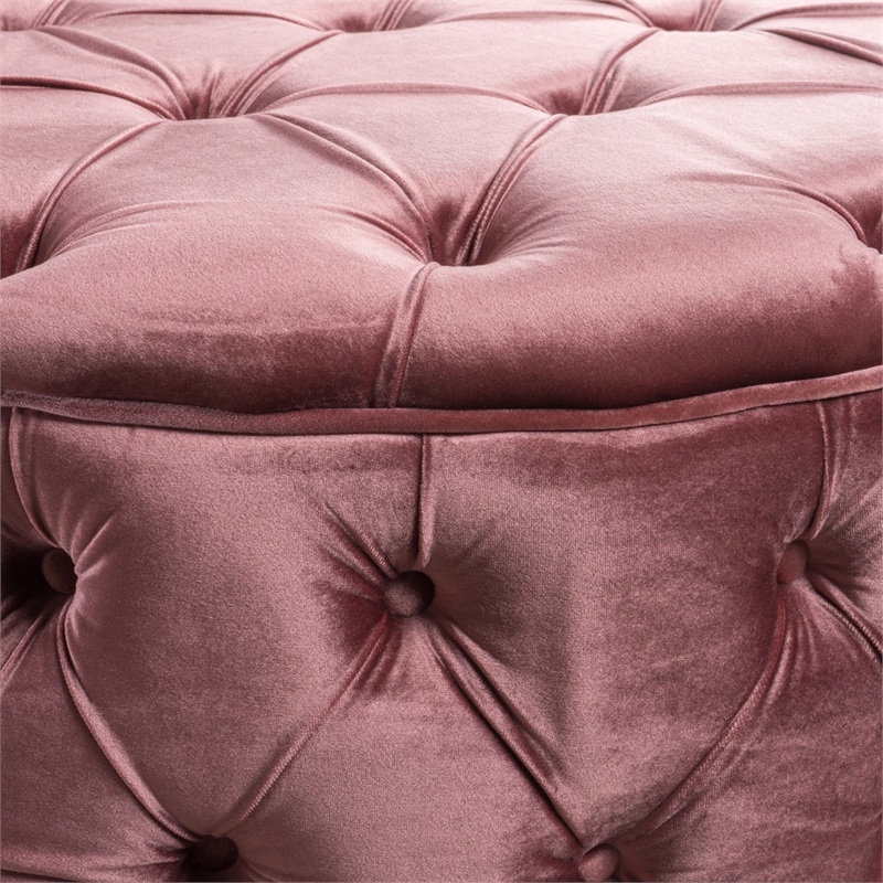 Benjara Keja Ottoman- Tufted Blush Pink Velvet- Soft Cushioning- Round 30 Inch