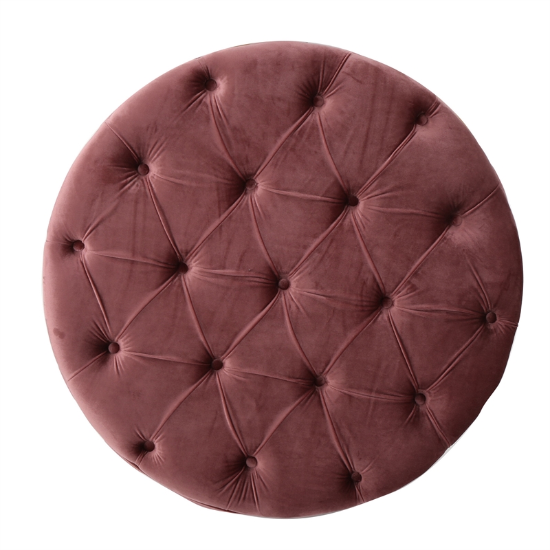 Benjara Keja Ottoman- Tufted Blush Pink Velvet- Soft Cushioning- Round 30 Inch