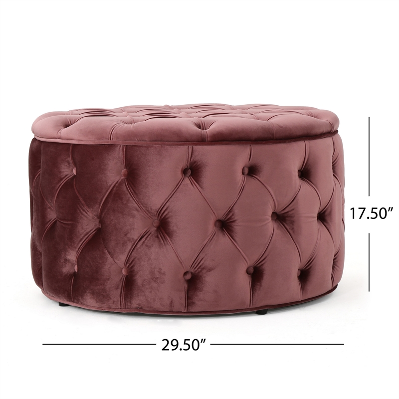 Benjara Keja Ottoman- Tufted Blush Pink Velvet- Soft Cushioning- Round 30 Inch