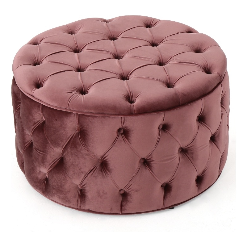 Benjara Keja Ottoman- Tufted Blush Pink Velvet- Soft Cushioning- Round 30 Inch