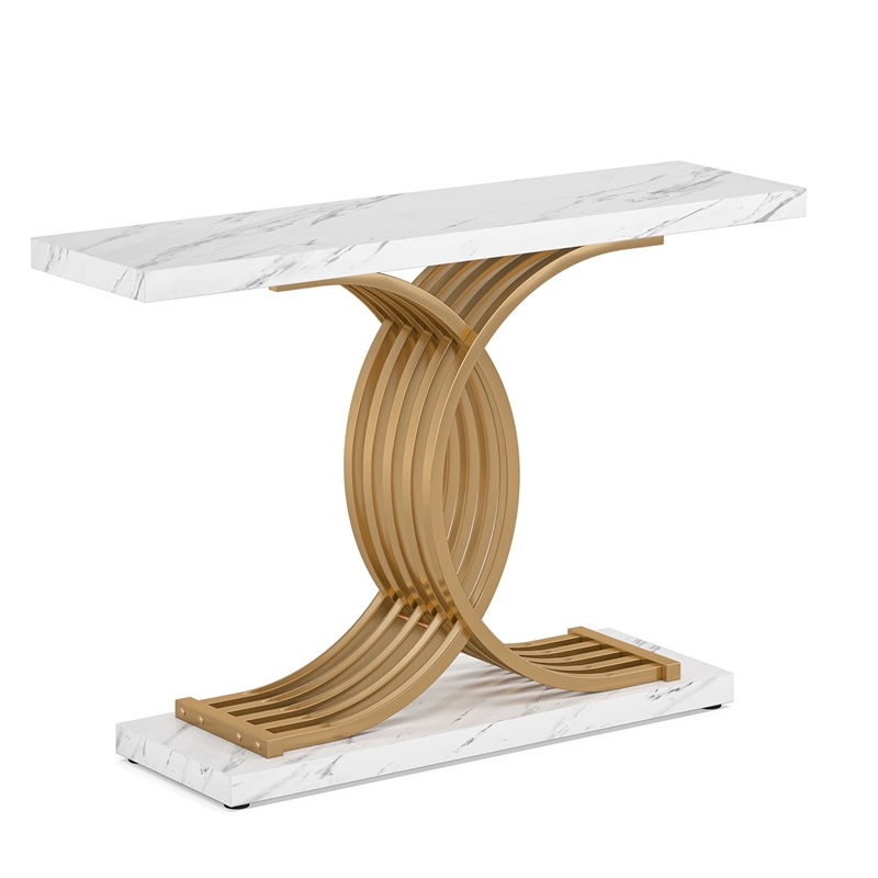 Benjara Entryway Console Table- White Faux Marble Top- Gold Base- 39 Inch