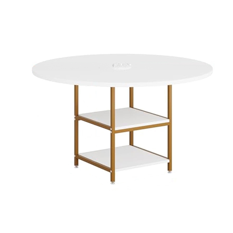 Benjara Dining Table- Round Top- 2 Storage Shelves- Gold Metal Frame- 47