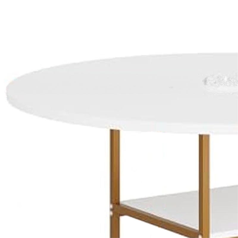 Benjara Dining Table- Round Top- 2 Storage Shelves- Gold Metal Frame- 47