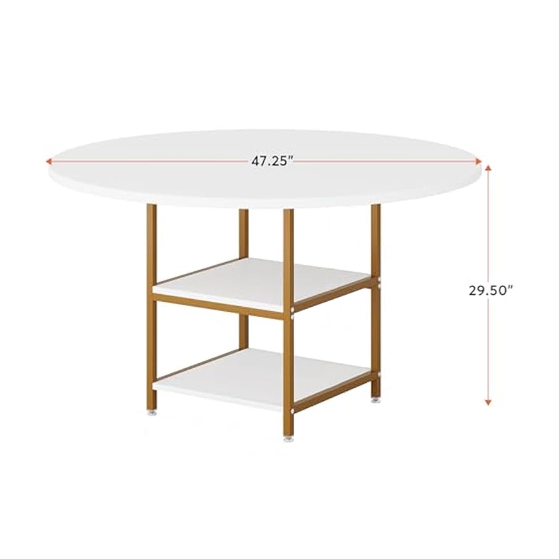 Benjara Dining Table- Round Top- 2 Storage Shelves- Gold Metal Frame- 47
