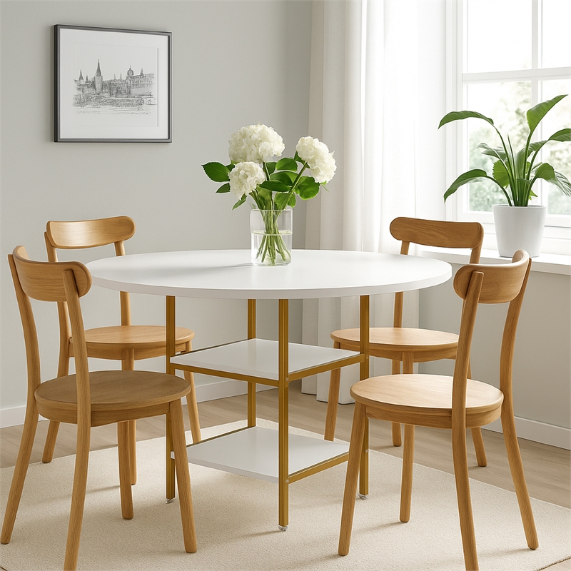 Benjara Dining Table- Round Top- 2 Storage Shelves- Gold Metal Frame- 47