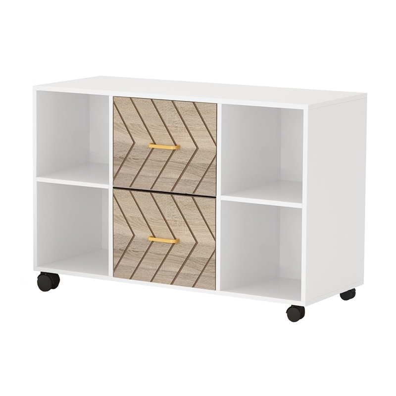Benjara File Cabinet- 4 Storage Shelves- 2 Brown Drawers- Wheel Base 39 Inch