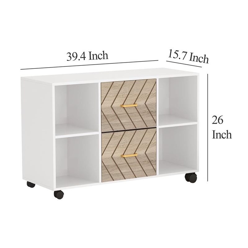 Benjara File Cabinet- 4 Storage Shelves- 2 Brown Drawers- Wheel Base 39 Inch