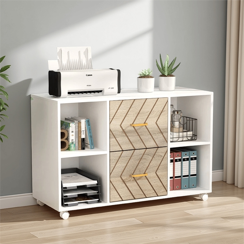 Benjara File Cabinet- 4 Storage Shelves- 2 Brown Drawers- Wheel Base 39 Inch