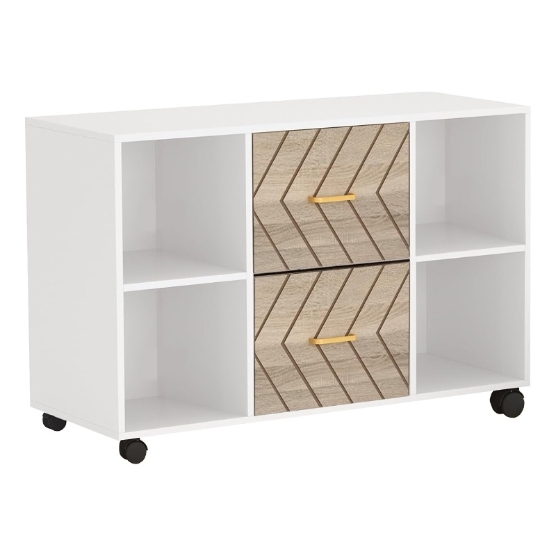 Benjara File Cabinet- 4 Storage Shelves- 2 Brown Drawers- Wheel Base 39 Inch