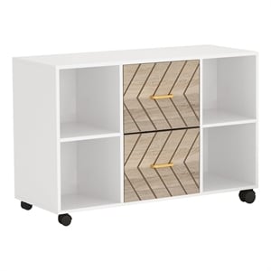 Benjara File Cabinet- 4 Storage Shelves- 2 Brown Drawers- Wheel Base 39 Inch