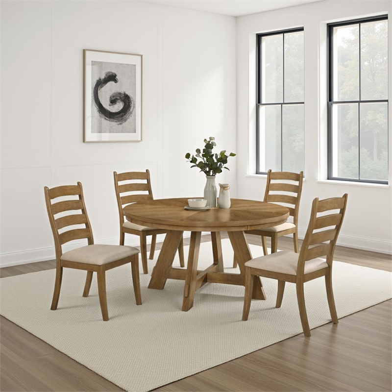Benjara Danie Round Dining Table with Starburst Wedge Top- Brown Wood 54 Inch