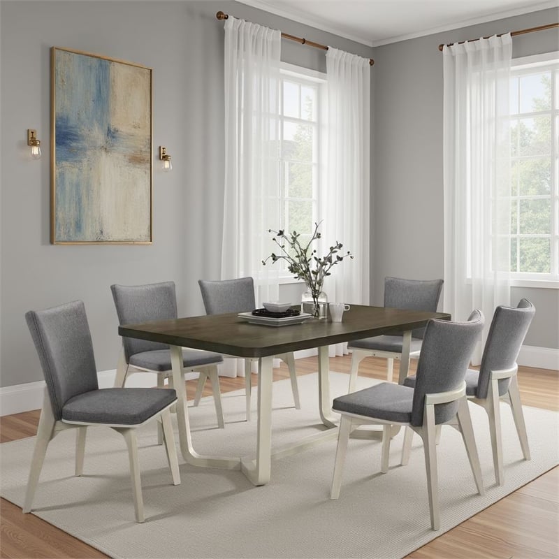 Benjara Loxy Dining Table- Curved Base- Rectangular Gray Brown Wood 71 Inch