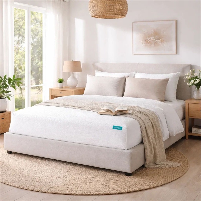 Benjara Queen Mattress Protector- Pocket Design- Waterproof Cream White Fabric