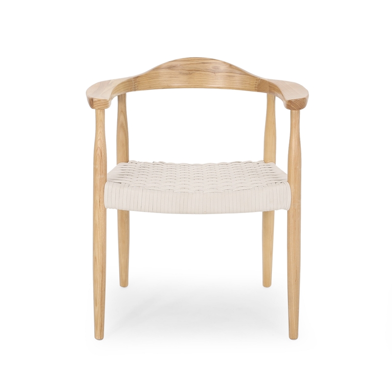 Benjara Accent Armchair- White Rope Woven Style Seat- Natural Brown Ash Wood