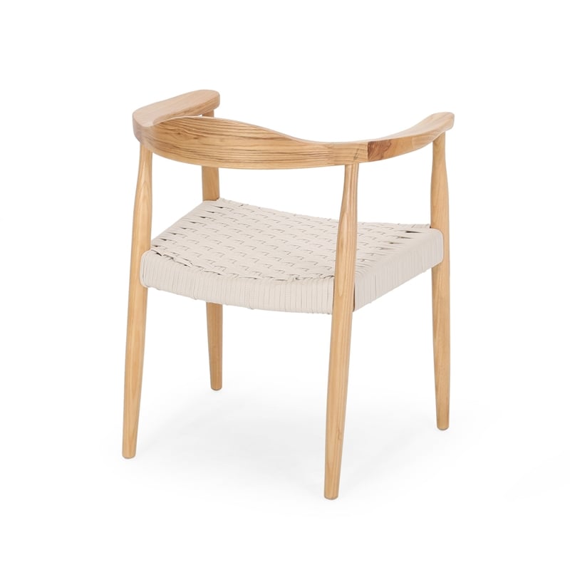 Benjara Accent Armchair- White Rope Woven Style Seat- Natural Brown Ash Wood