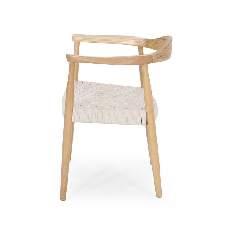 Benjara Accent Armchair- White Rope Woven Style Seat- Natural Brown Ash Wood