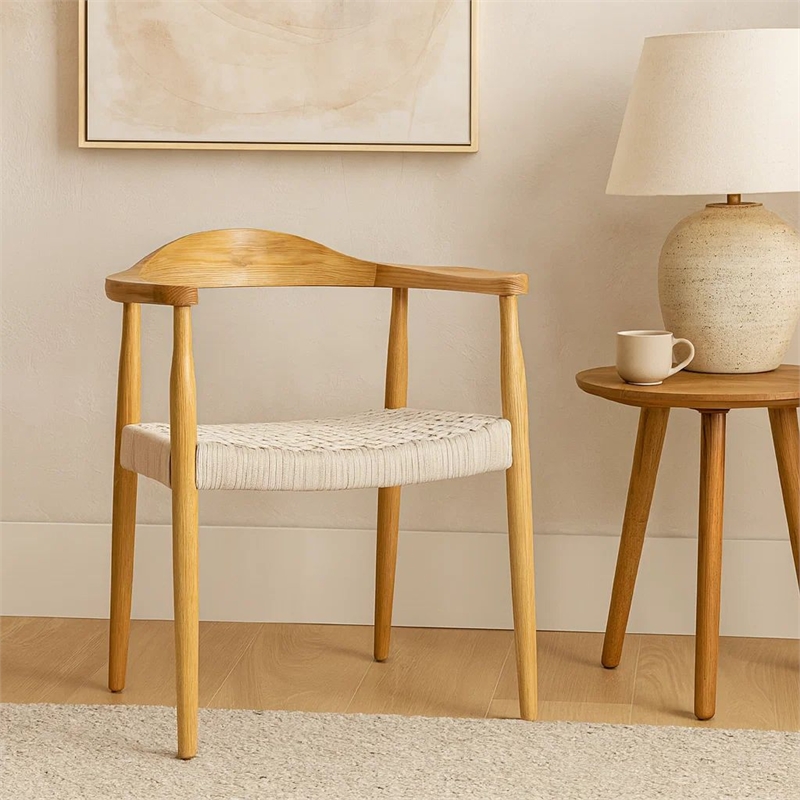 Benjara Accent Armchair- White Rope Woven Style Seat- Natural Brown Ash Wood