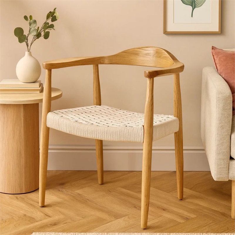 Benjara Accent Armchair- White Rope Woven Style Seat- Natural Brown Ash Wood