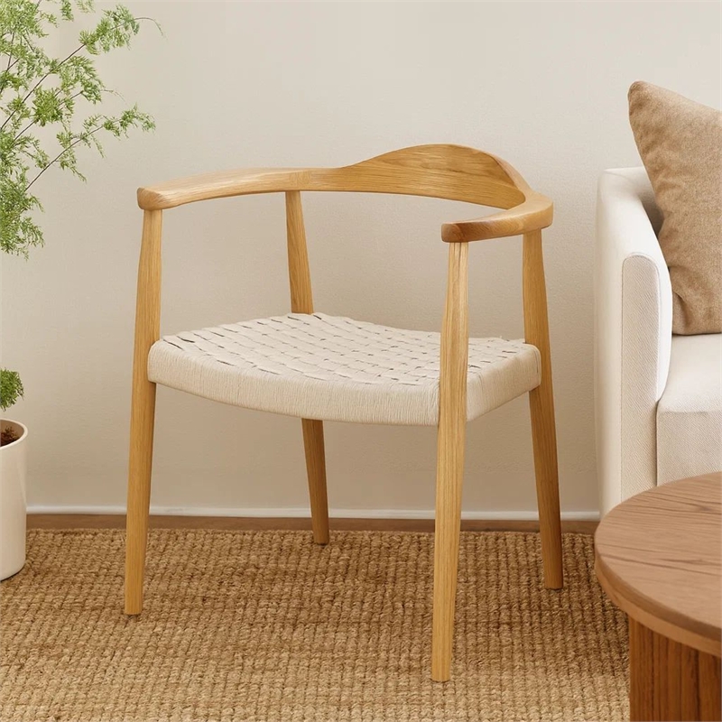 Benjara Accent Armchair- White Rope Woven Style Seat- Natural Brown Ash Wood