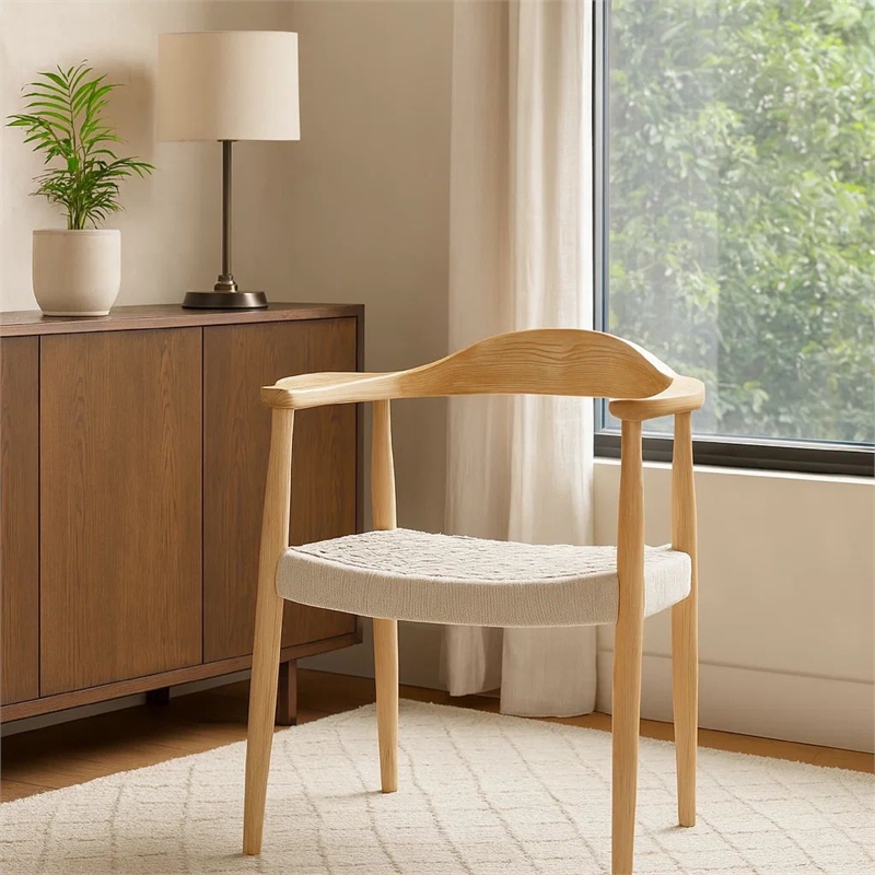 Benjara Accent Armchair- White Rope Woven Style Seat- Natural Brown Ash Wood