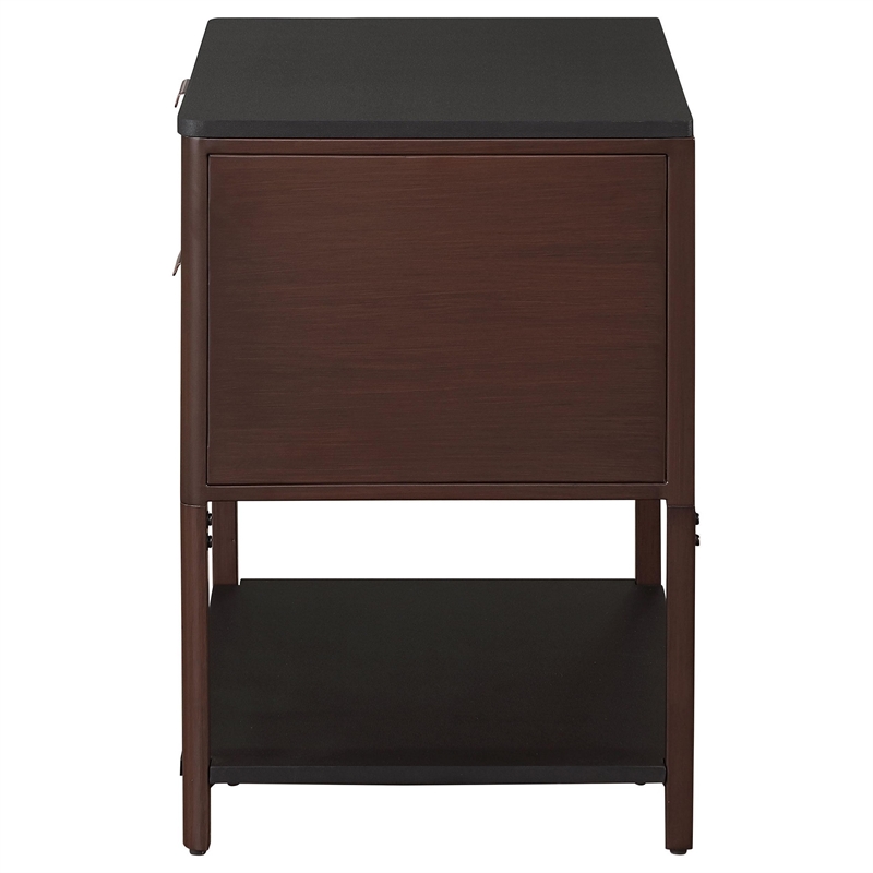 Benjara Zemy Side End Table- 2 Drawers- Open Shelf- Black Metal- Rust Brown