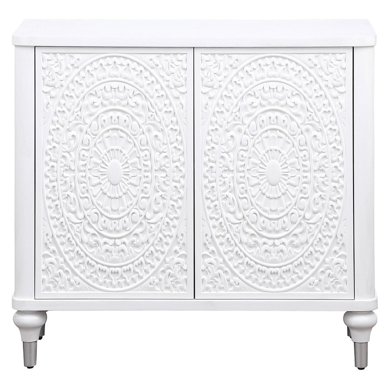 Benjara Cardi Accent Cabinet- 2 Medallion Carved Doors- 36