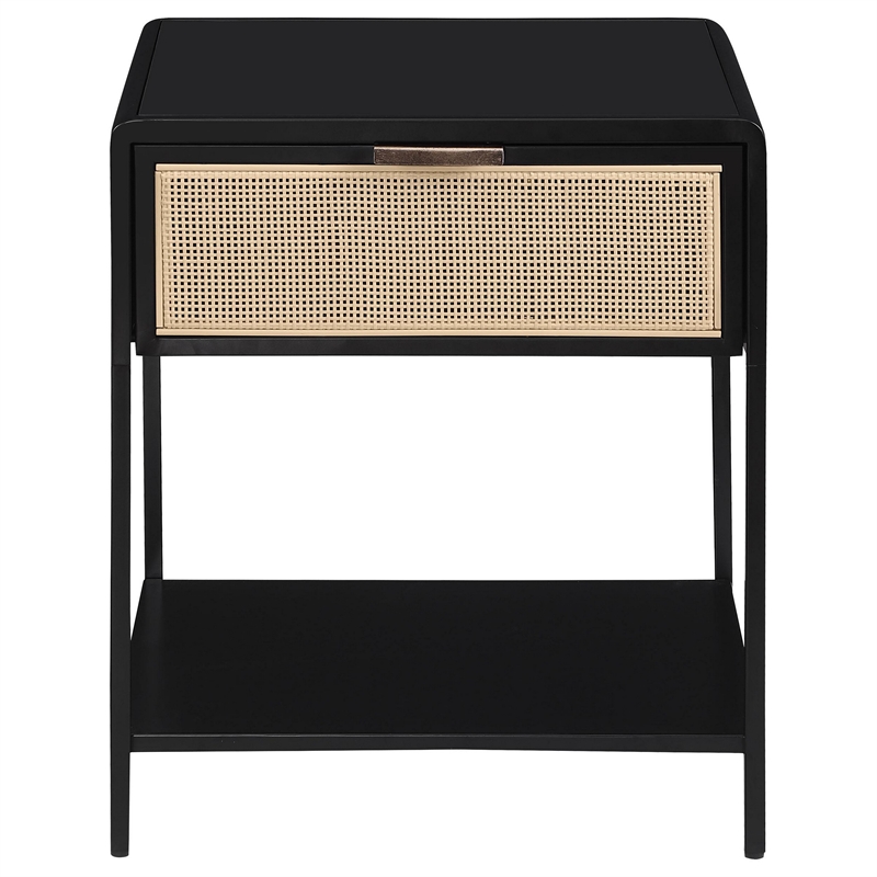 Benjara Lanie Bedside Table with Drawer and Open Shelf- PE Cane- Black Metal