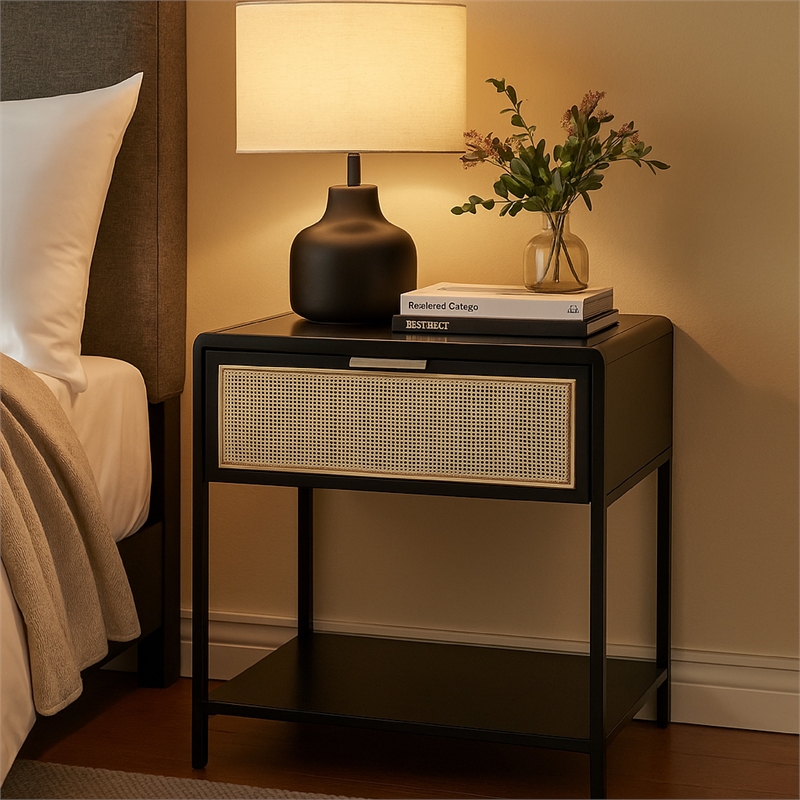 Benjara Lanie Bedside Table with Drawer and Open Shelf- PE Cane- Black Metal