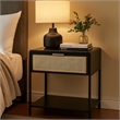 Benjara Lanie Bedside Table with Drawer and Open Shelf- PE Cane- Black Metal
