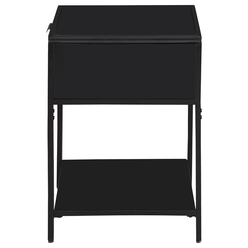Benjara Lanie Bedside Table with Drawer and Open Shelf- PE Cane- Black Metal