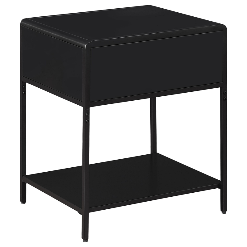 Benjara Lanie Bedside Table with Drawer and Open Shelf- PE Cane- Black Metal