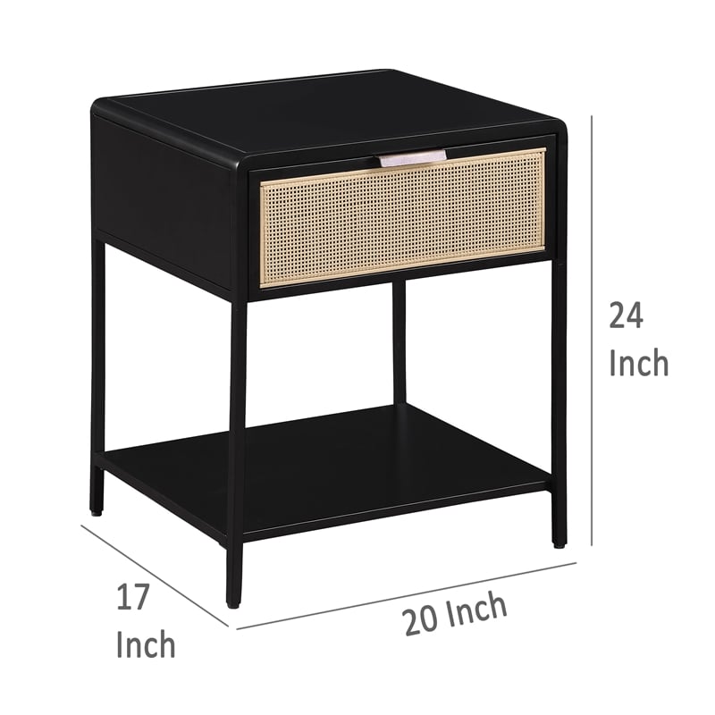 Benjara Lanie Bedside Table with Drawer and Open Shelf- PE Cane- Black Metal