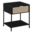 Benjara Lanie Bedside Table with Drawer and Open Shelf- PE Cane- Black Metal