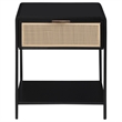 Benjara Lanie Bedside Table with Drawer and Open Shelf- PE Cane- Black Metal