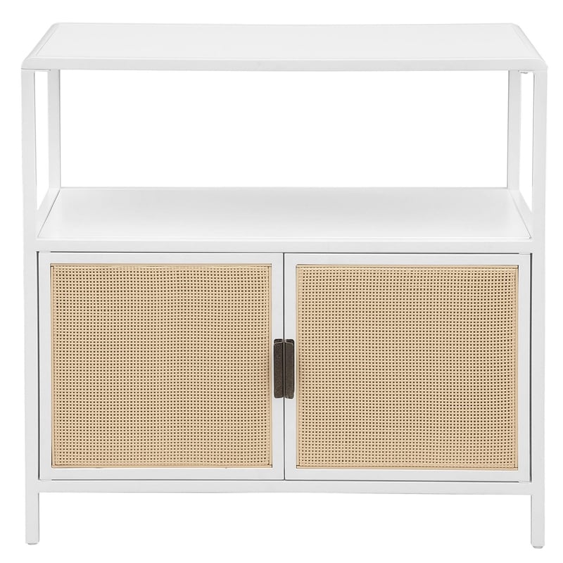 Benjara Lanie Accent Cabinet- Open Shelf and 2 Doors- PE Cane- White Metal