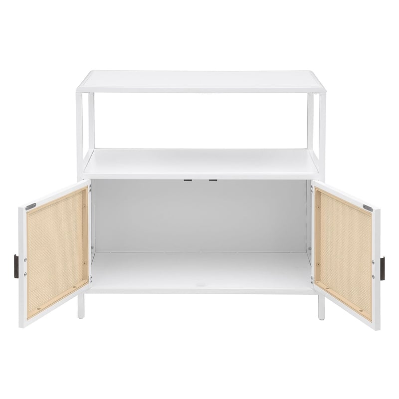 Benjara Lanie Accent Cabinet- Open Shelf and 2 Doors- PE Cane- White Metal