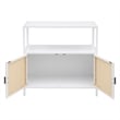 Benjara Lanie Accent Cabinet- Open Shelf and 2 Doors- PE Cane- White Metal