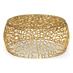 Benjara Coffee Table- 28&quot Round Plinth Mesh Design- Open Gold Metal Frame