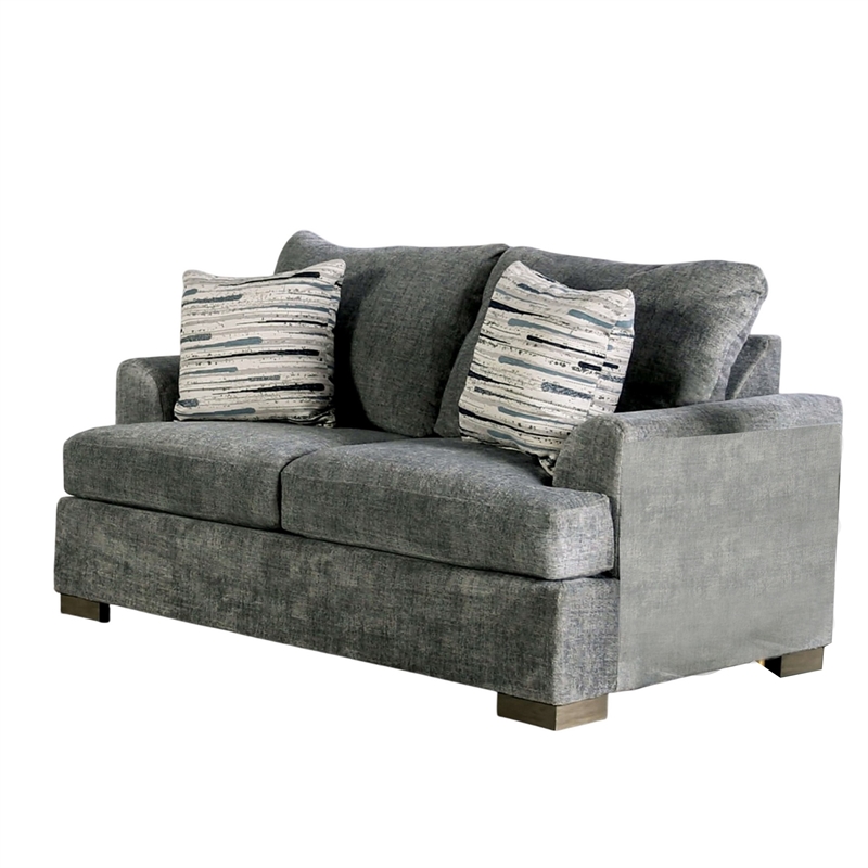 Benjara Lewis Loveseat with 2 Accent Pillows- 67 Inch- Gray Fabric