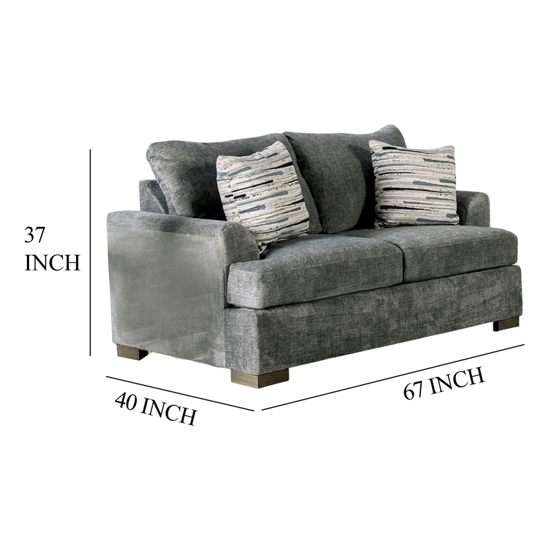 Benjara Lewis Loveseat with 2 Accent Pillows- 67 Inch- Gray Fabric