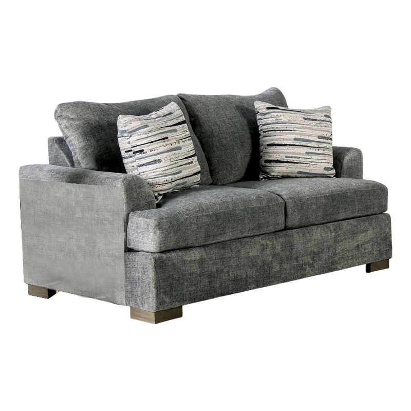 Benjara Lewis Loveseat with 2 Accent Pillows- 67 Inch- Gray Fabric