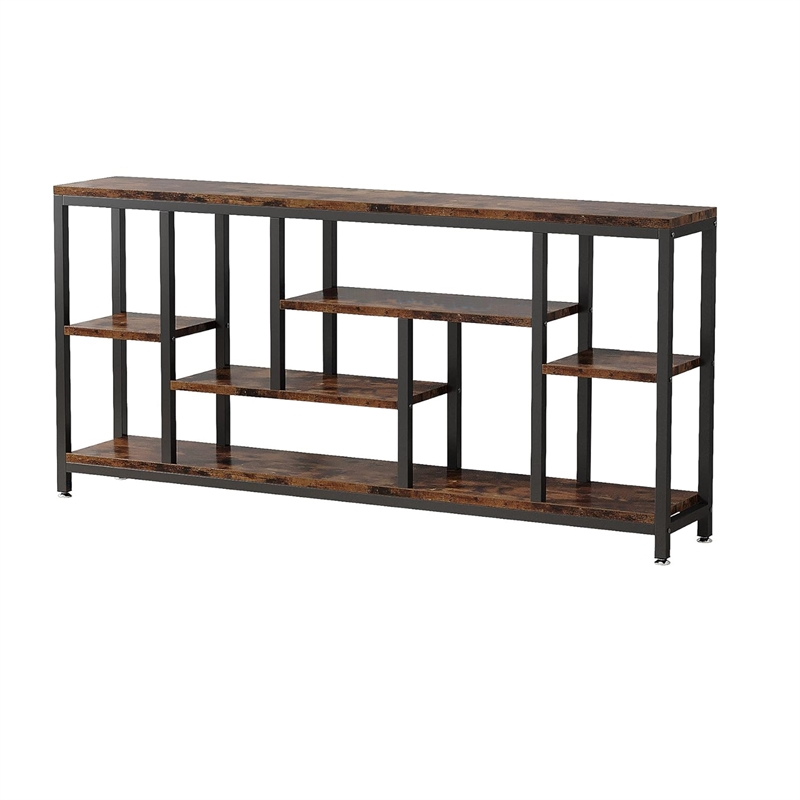 Benjara Console Sofa Table- 6 Brown Shelves- Industrial Black Metal- 71 Inch