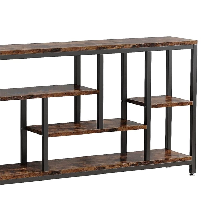 Benjara Console Sofa Table- 6 Brown Shelves- Industrial Black Metal- 71 Inch